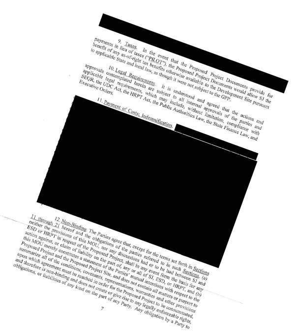 A page from the agreement between E.S.D.C., the Hudson River Park Trust and Atlas Capital Group, showing a large section redacted by E.S.D.C.