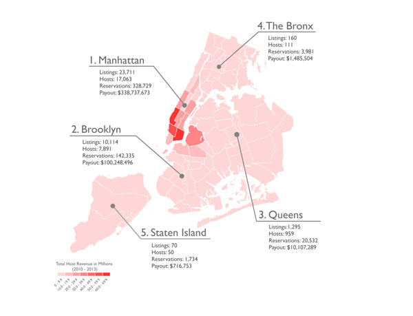 A map from the attorney general’s report on Airbnb, showing the distribution of the aggressive home-sharing company’s business in New York City.