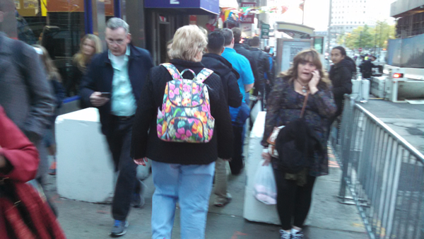 Pedestrian traffic onLiberty St. was squeezed starting last October, after new security barriers were placed on the sidewalk. Downtown Express file photo by Josh Rogers.