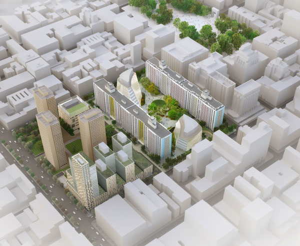A rendering of the full “N.Y.U. 2031” plan, showing the four buildings that would be constructed: two infill “Boomerang Buildings” on the northern superblock and the “Zipper Building” and another building on the southern superblock.