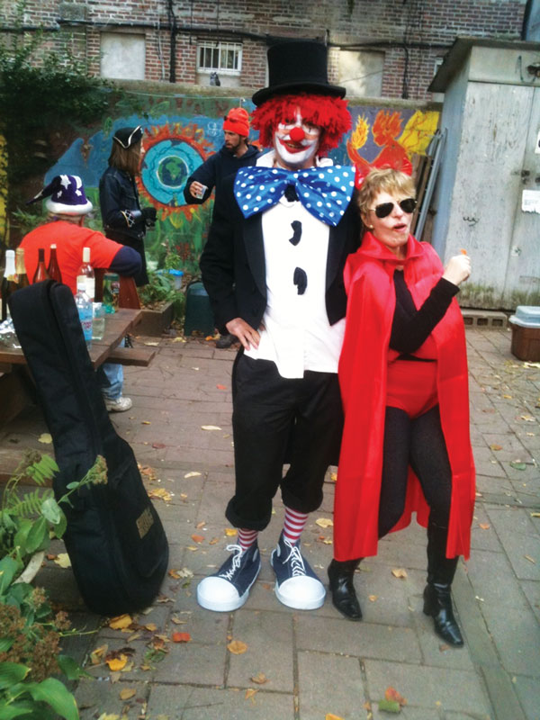 MC Stiffie the Clown and a devilish playmate welcome you to Live Mag’s Monster Word Mash (Oct. 27 at La MaMa).   Photo by Patricia Carragon