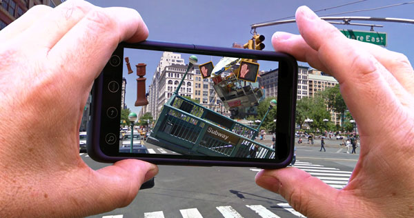 John Craig Freeman’s “14th and AR” uses augmented reality technology for mobile devices to detect, and depict, the collusion of virtual and real worlds.  Photo courtesy of the artist