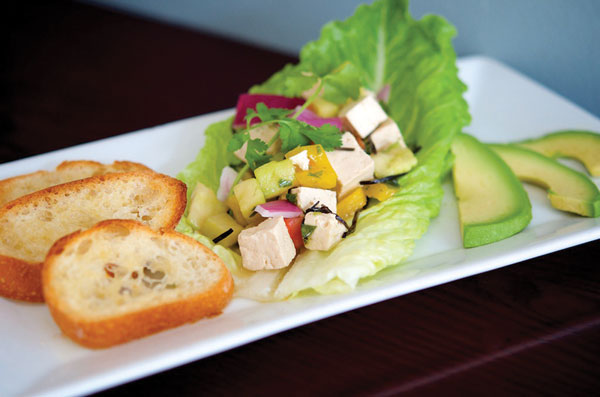 Courtesy of Pamela Elizabeth Blossom’s Tofu Ceviche (hiziki, lime, avocado, cilantro served with a toasted baguette).