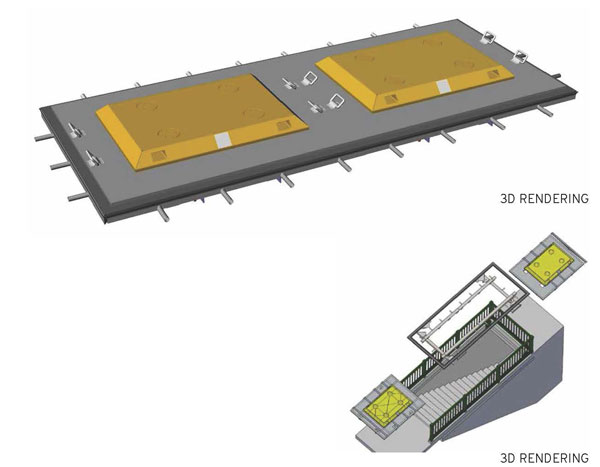 M.T.A. images of possible storm protections under consideration for Lower Manhattan subways. Above, are stairway covers, and at right, are marine doors, that could seal off stations. 