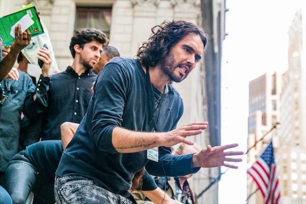 Russell Brand came to Zuccotti Park and Federal Hall in Lower Manhattan Oct. 14. Downtown Express photo by Milo Hess.    