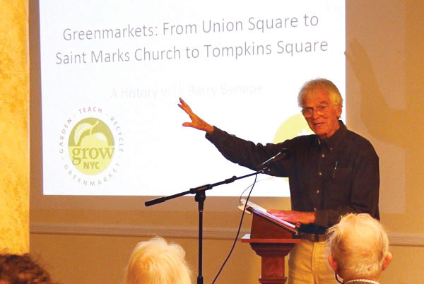 Photo by GVSHP Barry Benepe speaking at St. Brigid’s Church about the history of the city’s Greenmarket program. 