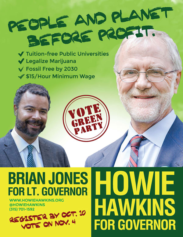 Palm cards for Howie Hawkins and his running mate, Brian James.