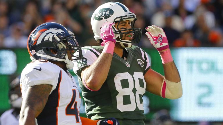 Jace Amaro #88 of the New York Jets reacts after dropping a pass in the second half against the Denver Broncos at MetLife Stadium on Sunday, Oct. 12, 2014 in East Rutherford, New Jersey.