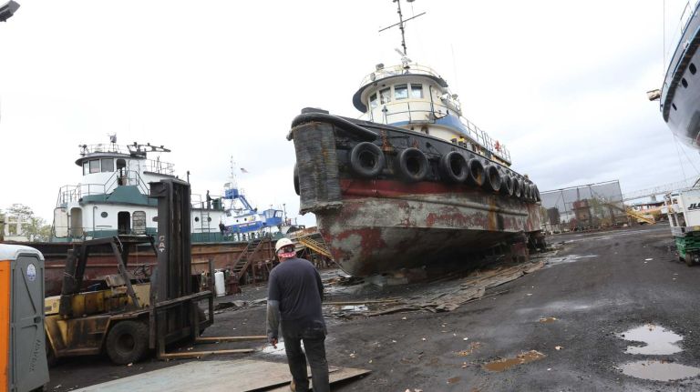 Boats in repair at Garpo Marine Services at 113 Ellis Street in Tottenville.