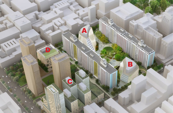 A rendering showing the full “N.Y.U. 2031” plan, featuring two infill “Boomerang Buildings” (“A” and “B”) on the northern superblock and the new “Zipper Building” (“C”) and potential public school (“D”) on the southern superblock. The university’s two South Village superblocks are located between W. Houston and W. Third Sts. and Mercer St. and LaGuardia Place.