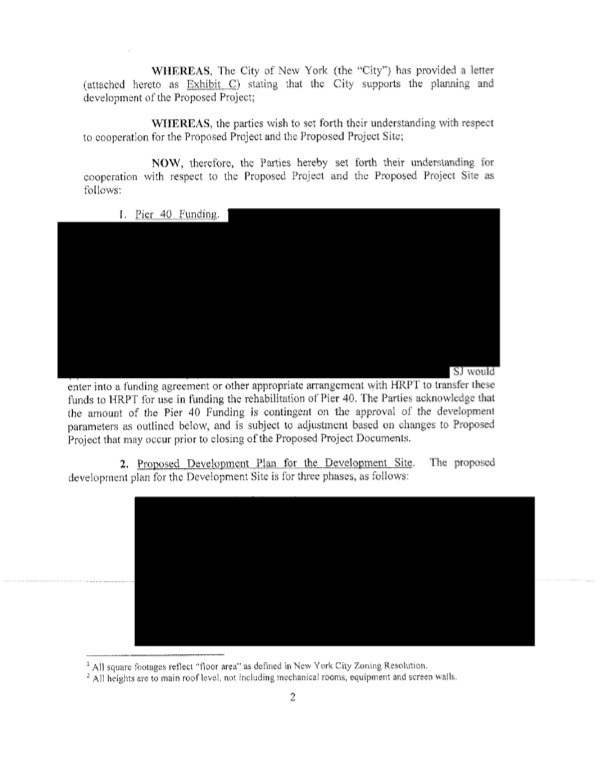 Page 2 from the agreement between E.S.D.C., the Hudson River Park Trust and Atlas Capital Group, showing large sections redacted by E.S.D.C. before the agency sent it to The Villager.