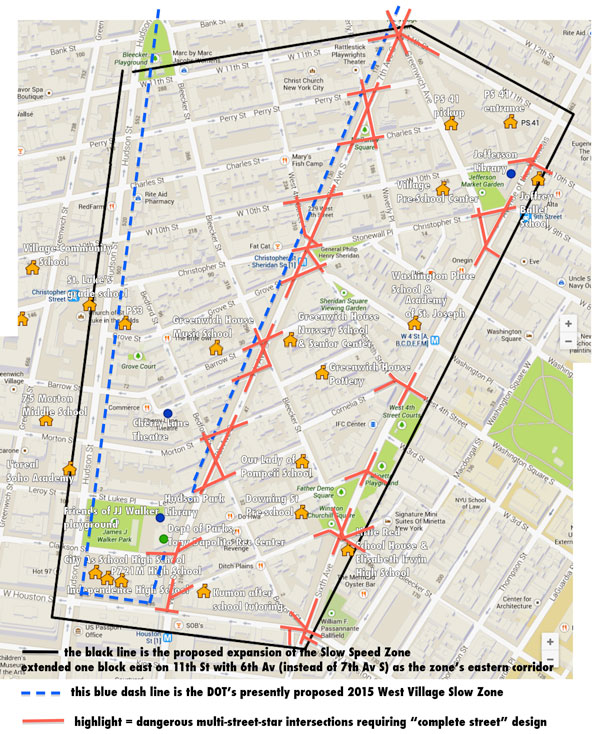 A map created by P.S. 41 Principal Kelly Shannon and parents making the case for an expanded West Village Slow Zone and “complete streets” along Seventh Ave. South and ideally Sixth Ave., too.