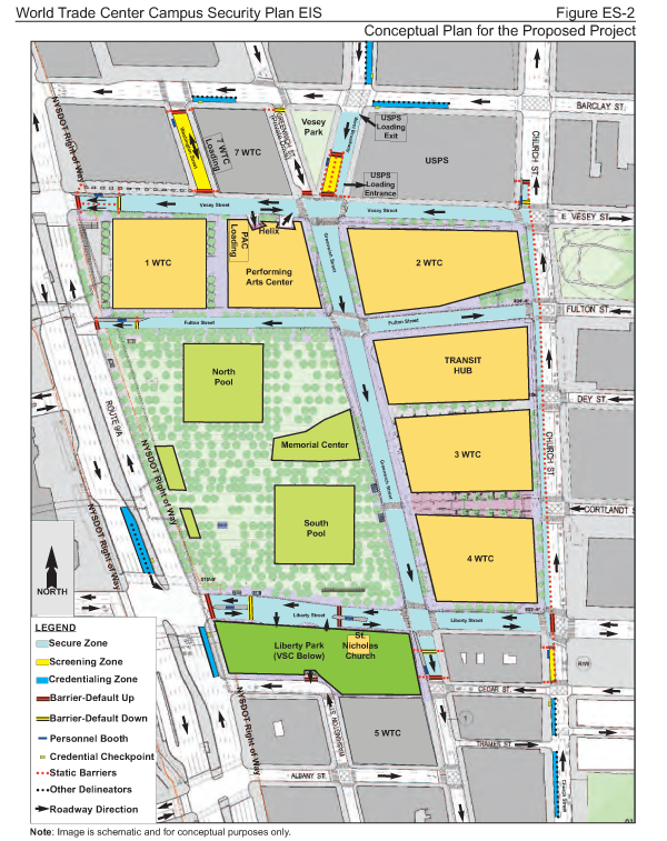 Image courtesy of the NYPD. Schematic of the W.T.C. security plan.  