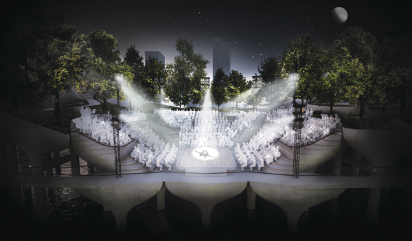 Diller and DVF’s Gift, Pier55 Park to Rise Above Convention 6 Pier55, Inc./Heatherwick Studio An aerial night view of the amphitheater, currently planned to seat 750.