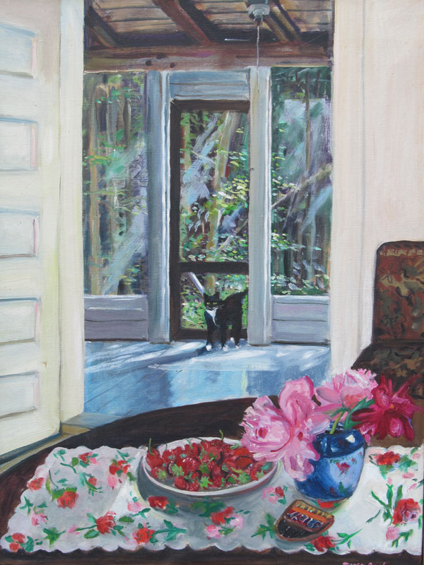 Nancy Beal: “Melo Mel Red Tub” or “Cat on the Porch” (1977, oil/canvas, 28 x 21 in.).  Courtesy of the artist