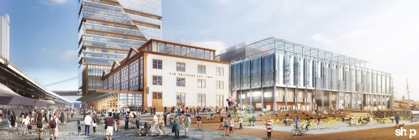 A rendering of the proposed building and the  Seaport esplanade. Image courtesy of SHoP Architects