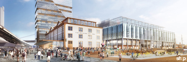 A rendering of the proposed building and the Seaport esplanade. Image courtesy of SHoP Architects