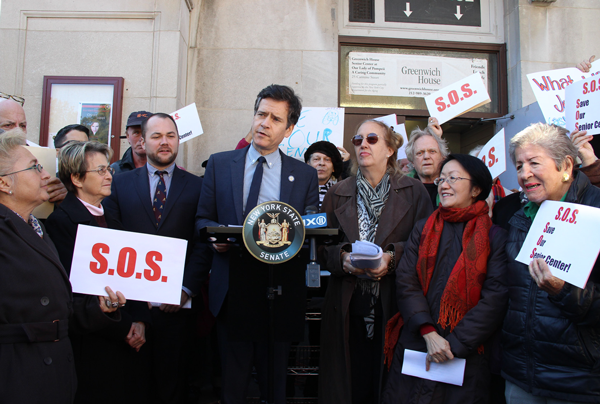 Brad Hoylman, center, joined other local politicians and seniors from the Our Lady of Pompeii center on Monday in calling for the church to rethink its decision to evict the elderly Villagers.  Photo by Tequila Minsky