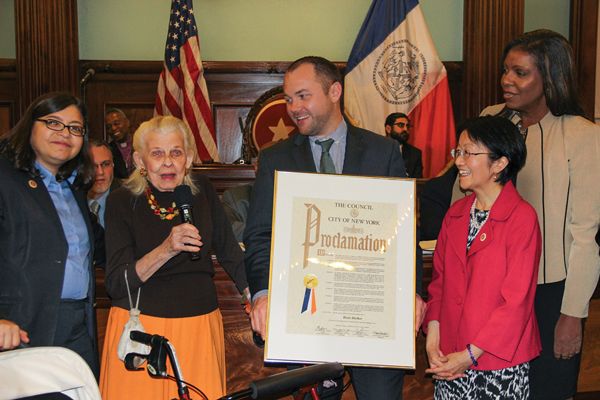 Doris Diether, second from left, was honored in the City Council on Tuesday by, from left, Rosie Mendez, Corey Johnson, Margaret Chin and Public Advocate Letitia James.   Photos by Tequila Minsky