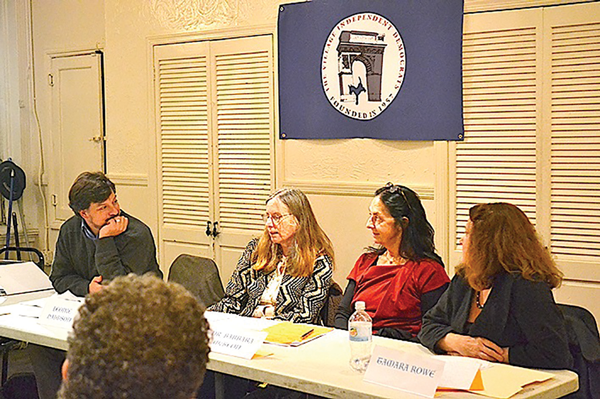 At the V.I.D. Education Forum, from left, Erik Joerss, of the N.Y.C. Charter School Center; Leonie Haimson, of Class Size Matters; Principal Barbara McKeon, of Broome Street Academy Charter School; and Tamara Rowe, of C.E.C. District 2.   Photo by Zella Jones