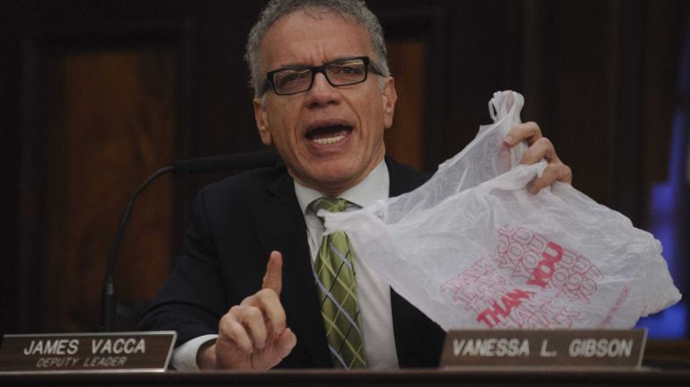 New York City Council Member James Vacca states his opposition to a plastic bag surcharge during a hearing at City Hall on Wednesday, November 19, 2014. The New City Council held its first hearing on the bill that would enforce a 10 cent surcharge on plastic bags