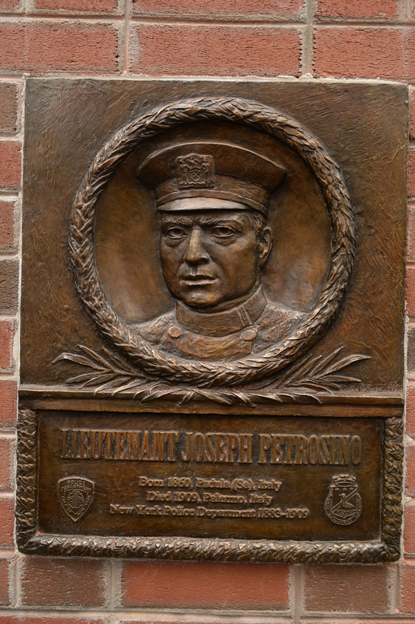 One of the new bronze plaques honoring Petrosino. The other one includes information about the famed crime-fighter.  