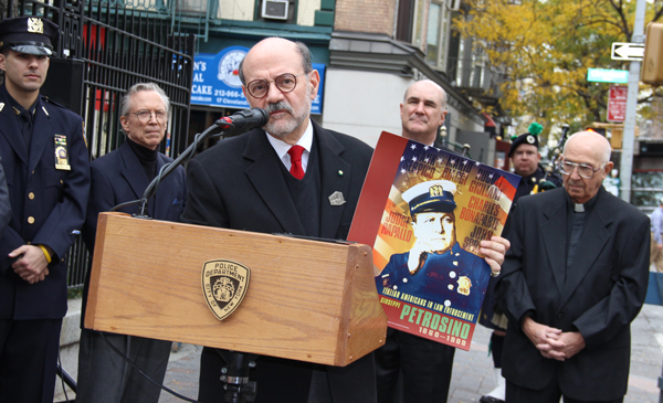 Heroic cop Petrosino, scourge of Black Hand, gets bronze plaques 1 Dr. Joseph Scelsa spoke about Lieutenant Petrosino’s fateful mission to Sicily. Photo by Tequila Minsky