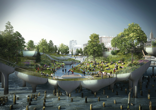 Diller and DVF’s Gift, Pier55 Park to Rise Above Convention 1 Pier55, Inc./Heatherwick Studio A design concept for Pier55, showing a view of the southern space looking north from Gansevoort Peninsula.