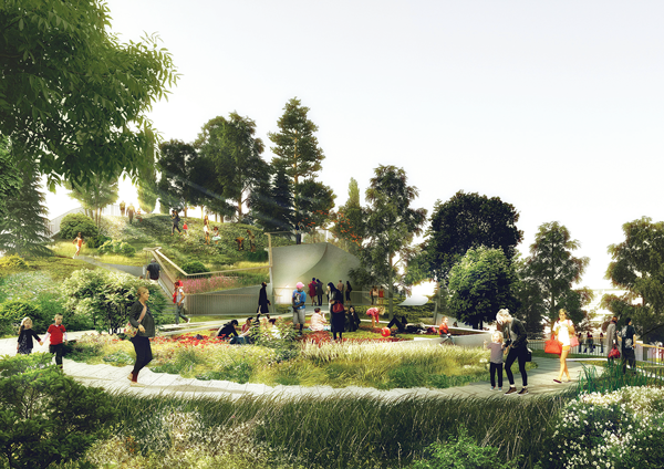 A design showing the planned “rolling landscape” of Pier55.   Pier55, Inc./Heatherwick Studio