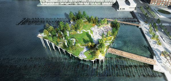 An aerial view of the planned Pier55, showing the current Pier 56 pile field to the north and the future Pier 54 pile field to the south. Pier 57 is partly visible at the top.   Pier55, Inc./Heatherwick Studio