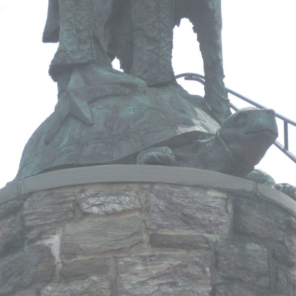 A shell of a plan! A look at Tammany turtle top 4 A close-up of Chief Tamanend’s feet atop a tortoise on a Philadelphia statue. A similar statue on the exterior of New York City’s Tammany Hall was the inspiration for the terrapin rooftop addition’s design.