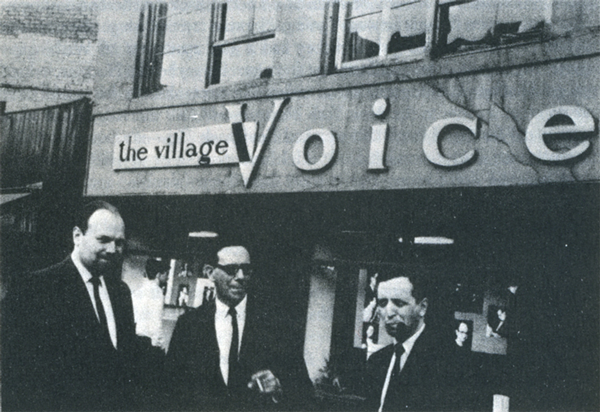 Jerry Tallmer, center, in front of the old Village Voice building on Greenwich Ave., with Ed Fancher, left, and Dan Wolf, right.