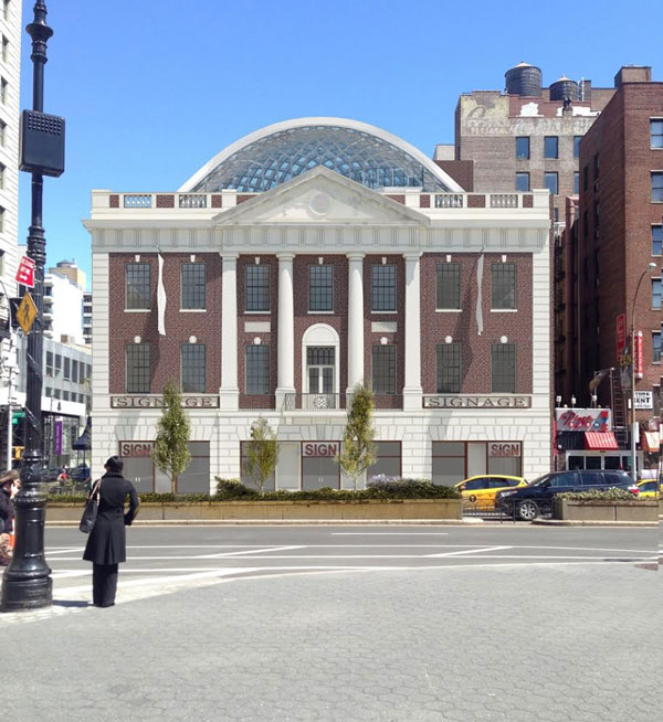 A view of the proposed turtle shell-topped Tammany Hall plaza from the west.   Courtesy BKSK Architects