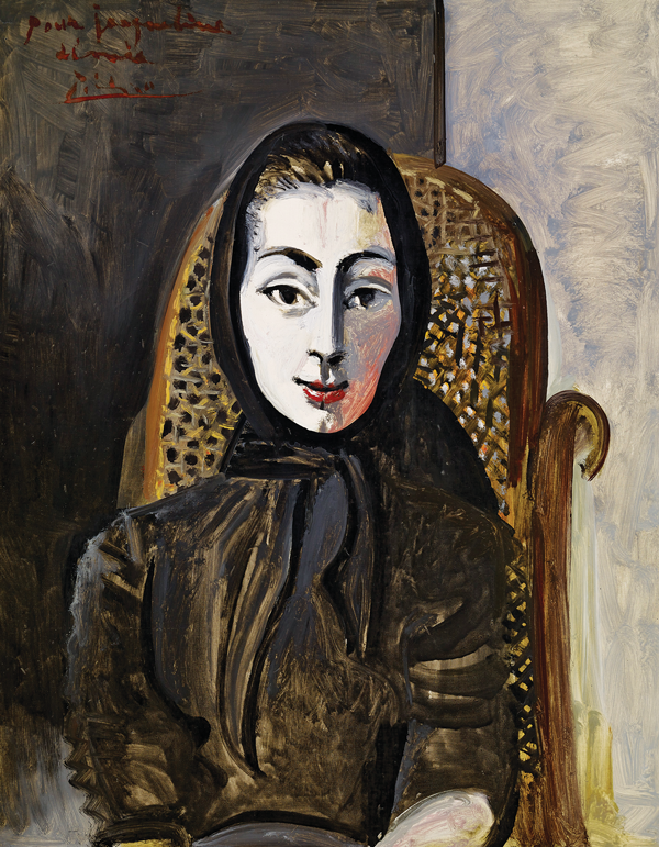 Pablo Picasso (Spanish, 1881-1973) | Jacqueline avec une Écharpe Noire (Jacqueline with a Black Scarf) | Oct. 11, 1954 | Oil on canvas, 36 ¼ x 28 ¾ in. (92 x 73 cm) | Private Collection | Photograph by Claude Germain.    ©2014 Estate of Picasso / Artists Rights Society (ARS), New York