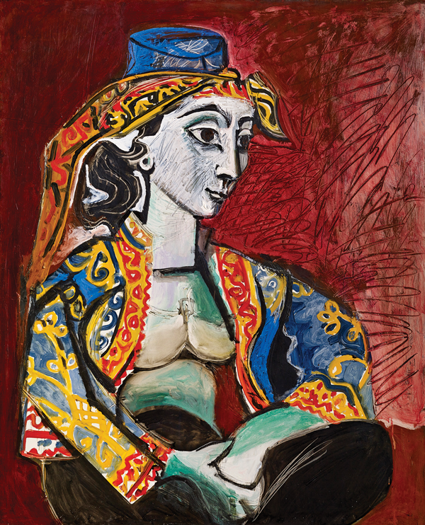 Pablo Picasso (Spanish, 1881-1973) | Jacqueline en Costume Turc (Jacqueline in Turkish Dress) | Nov. 20, 1955 | Oil on canvas, 39 1/3 x 32 in. (100 x 81 cm) | Private Collection | Photograph by Claude Germain.    ©2014 Estate of Picasso / Artists Rights Society (ARS), New York 
