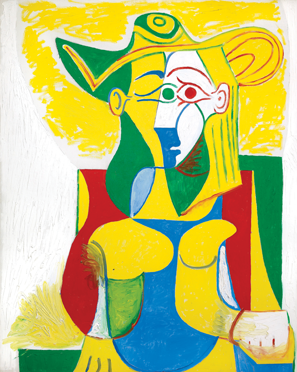 Pablo Picasso (Spanish, 1881-1973) | Woman in Armchair (Jacqueline), January 2, 1962 |Oil on canvas, 63 ¾ x 51 in. (162 x 130 cm) | Private Collection | Photograph by Claude Germain.   ©2014 Estate of Picasso / Artists Rights Society (ARS), New York 