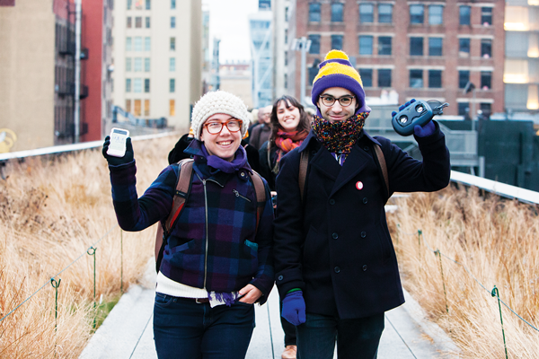 Their app and your feet create a joyful noise, at the “High Line Soundwalk” portion of Make Music Winter.   Their app and your feet create a joyful noise, at the “High Line Soundwalk” portion of Make Music Winter.  Their app and your feet create a joyful noise, at the “High Line Soundwalk” portion of Make Music Winter.   Photo by Liz Ligon courtesy Friends of the High Line