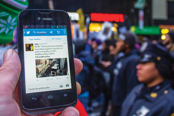 Activists Say #ThisStopsToday 10 Social media communication, such as this #ICantBreathe tweet, attracts larger numbers to the protests.