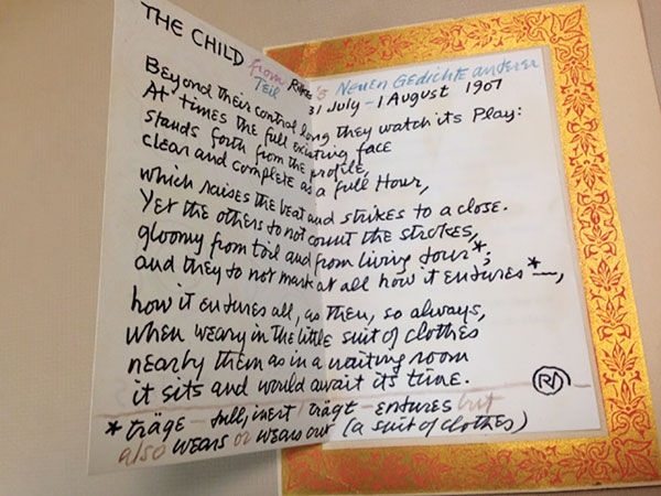 From 1965: a Rilke poem transcribed by Robert Duncan, alongside the card’s exterior (designed by Duncan’s partner, Jess). See this and more inspirational holiday correspondence, at Poets House.  Courtesy of Raymond Danowski Poetry Library, MARBL, Emory University