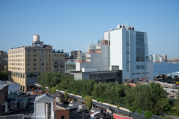 A view of the Whitney Museum from the northeast. Parkgoers on the tree-lined High Line, in the foreground, will be able to enter the museum directly from the elevated park, which sits above what’s left of the Meatpacking District’s meat businesses, whose trucks can be seen below the High Line.   Photo by Tim Schenck