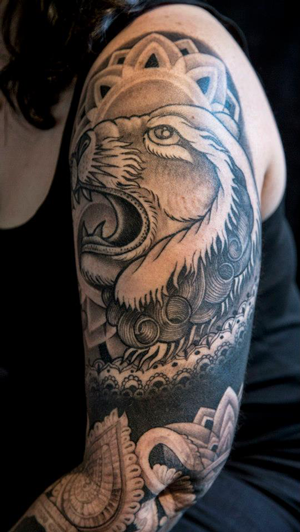 A lion “sleeve” by Emma Griffiths.