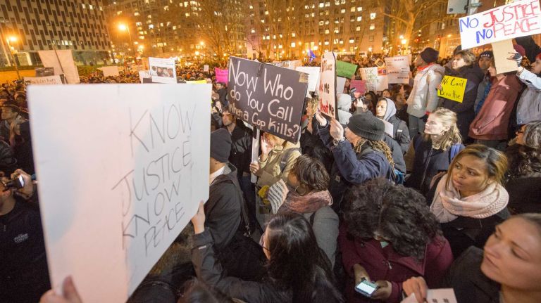 A large crowd came out to demonstrate at Foley Square in New York City Thursday, Dec. 4, 2014 in the wake of a Staten Island grand jury decision that came back with no indictment of NYPD officer Daniel Pantaleo, who was involved in the arrest of Eric Garner on July 17, 2014.