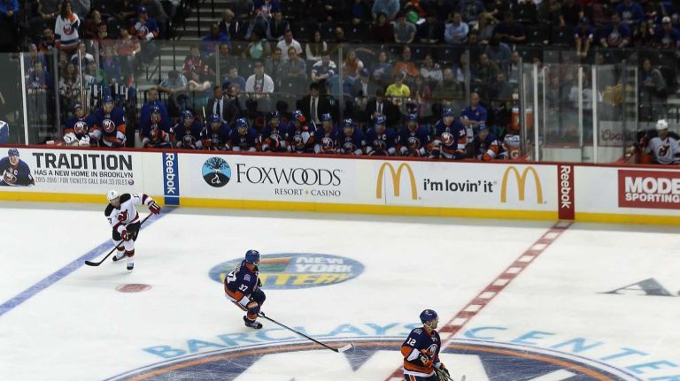 The New York Islanders and the New Jersey Devils play at the Barclays Center on September 26, 2014 in Brooklyn.