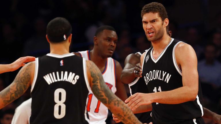 Brook Lopez of the Brooklyn Nets reacts after a basket in the first half against the New York Knicks at Madison Square Garden on Tuesday, Dec. 2, 2014.