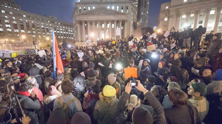 In NYC and Ferguson, it's 'truth' versus reality 2 A large crowd demonstrates at Foley Square in New York City Thursday, Dec. 4, 2014 in the wake of a Staten Island grand jury's decision not to indict NYPD officer Daniel Pantaleo in the death of Eric Garner on July 17, 2014.