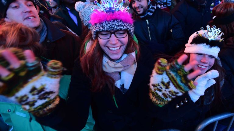 Chelsea Ducatte of Kansas City, Mo., celebrates New Year's Eve in Manhattan's Times Square on Dec. 31, 2014.