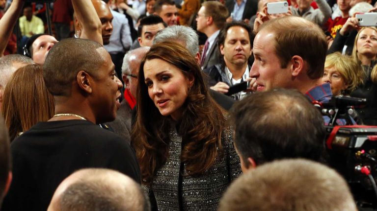 From left, Beyonce, Jay Z, Kate Middleton and Prince William talk between periods of the NBA game between the Brooklyn Nets and the Cleveland Cavaliers at the Barclays Center in Brooklyn on Monday, Dec. 8, 2014.