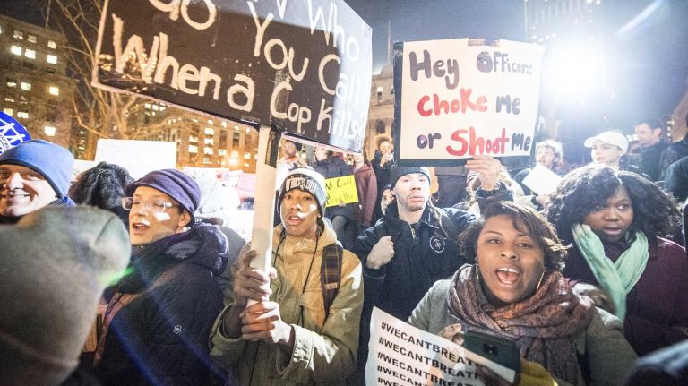 A large crowd demonstrates at Foley Square in New York City Thursday, Dec. 4, 2014 in the wake of a Staten Island grand jury's decision not to indict NYPD officer Daniel Pantaleo in the death of Eric Garner on July 17, 2014.