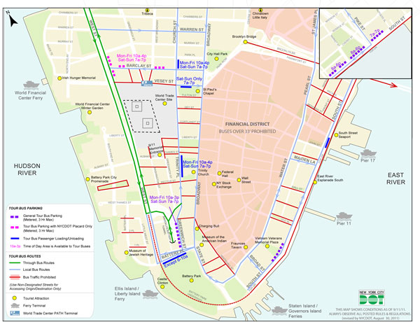 A city Department of Transportation map that shows where tour buses can park (dotted pink and purple) as well as load and unload (blue) their passengers near the World Trade Center site.