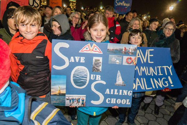 Downtown Express photo by Milo Hess Children and adults rallied at North Cove Marina Dec. 15 in an effort to keep the current community sailing programs.  